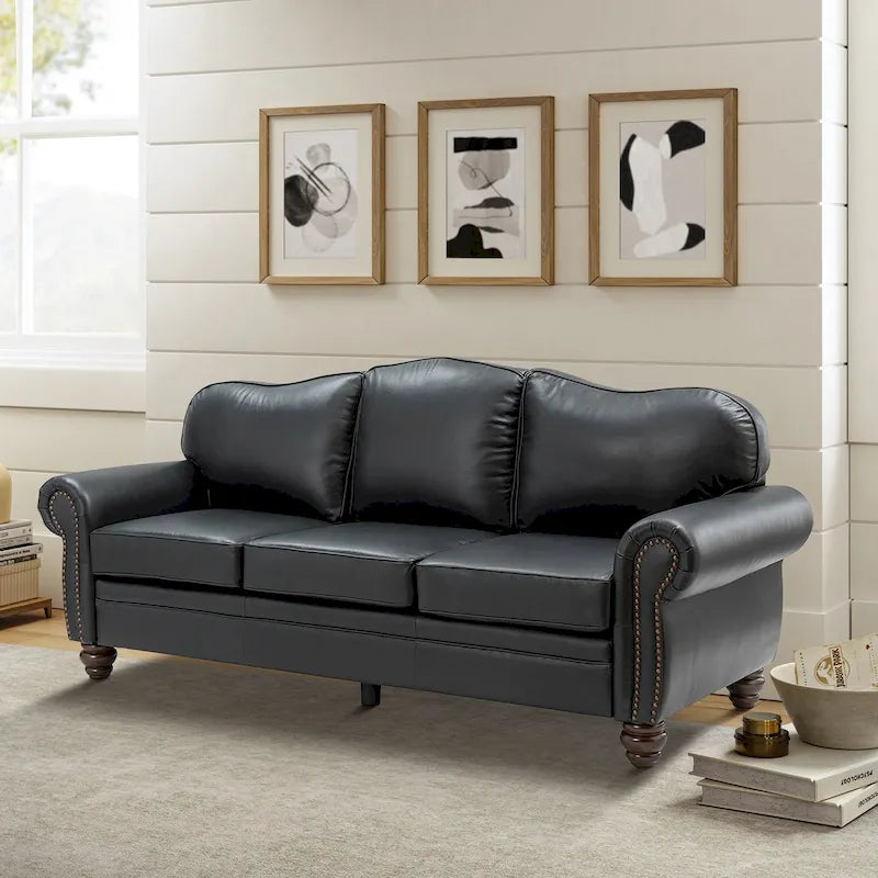 Balvino 81 Wide Transitional Genuine Leather Rolled Arm Sofa with Nailhead Trim and Removable Cushions
