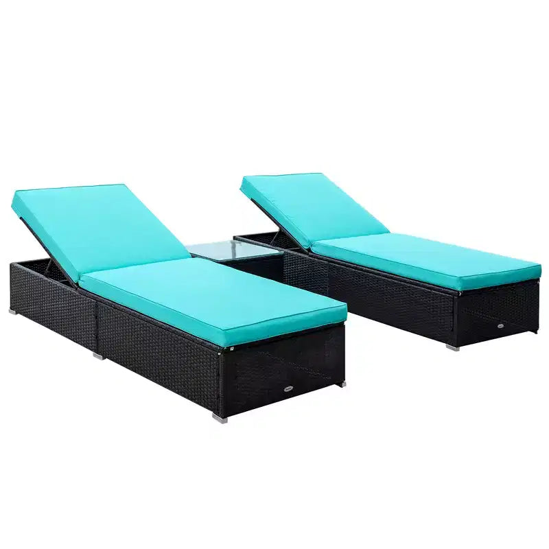 Chaise Lounge Chair Set of 2 with 5 Angle Backrest, Outdoor Coffee Table, Water Repellent Cushions, PE Rattan Wicker Poolside Chairs