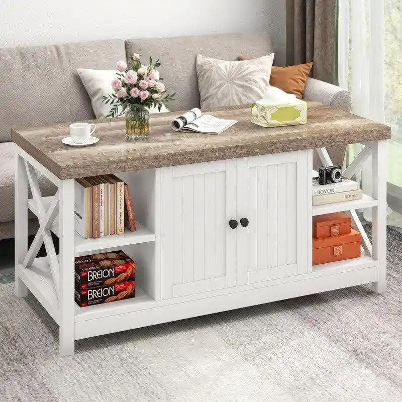 Farmhouse Wood Accent Coffee Table with Large Storage Shelf