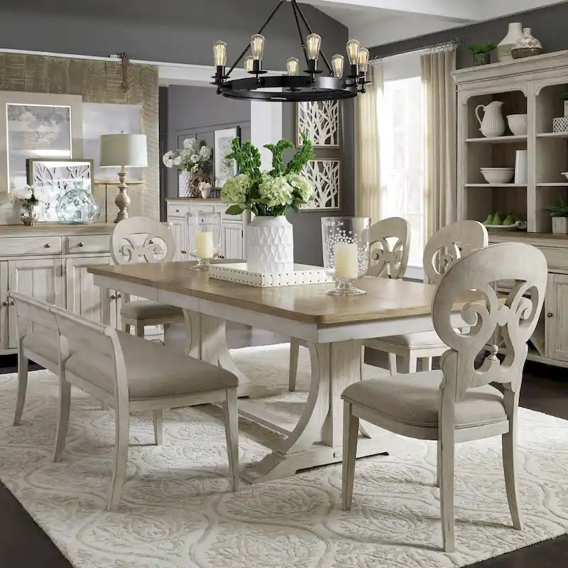 Farmhouse Reimagined Antique White with Chestnut 6 Piece Trestle Table Set
