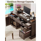 Dyonery 60 Farmhouse Executive Office Desk with Drawers and File Cabinet, Embossed Texture Wood Home Office Desk,Black/Brown/White and brown