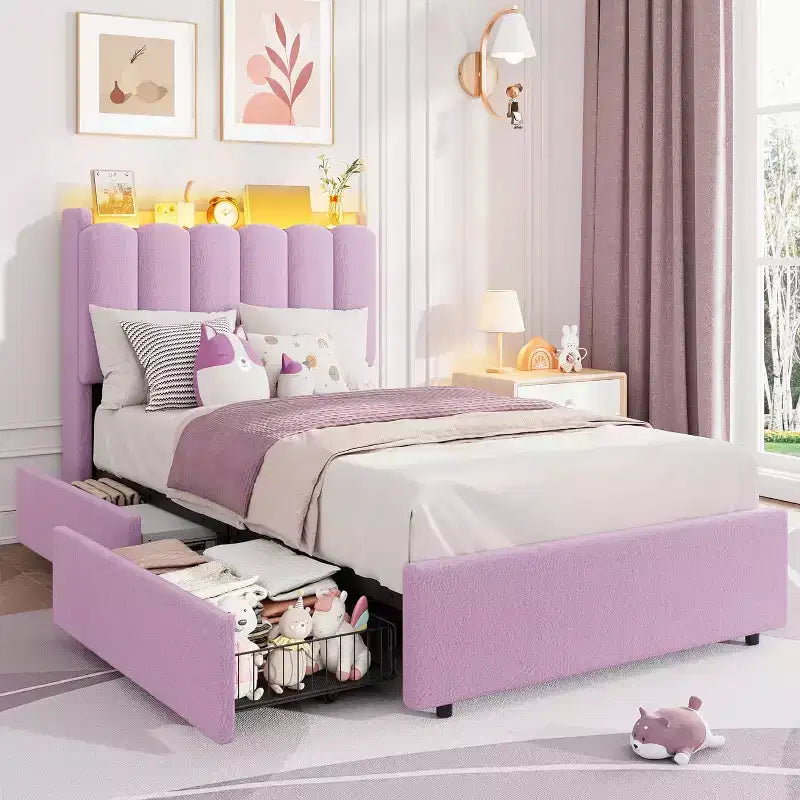Bed frame with storage headboard, childrens bed frame with 2 drawers, fabric upholstered platform bed, contoured headboard with bookshelf