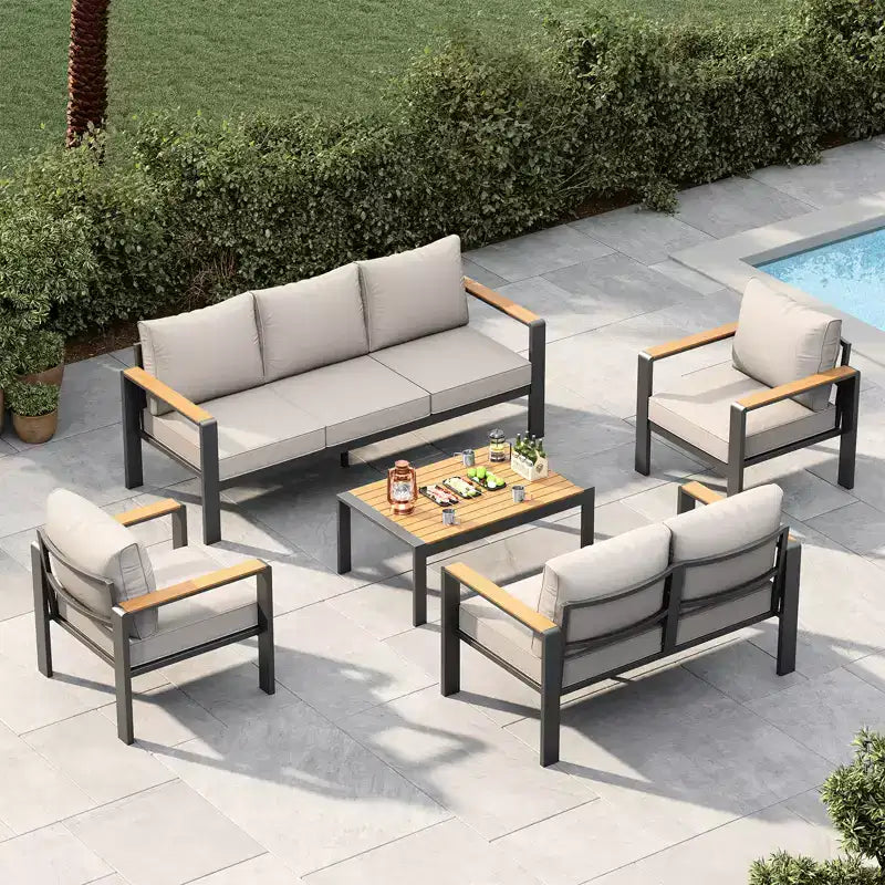Aluminum Patio Furniture Set, Outdoor Sectional Sofa with 5 Thick Cushions, 4 Armrests & Coffee Table for Garden, Deck, Backyard