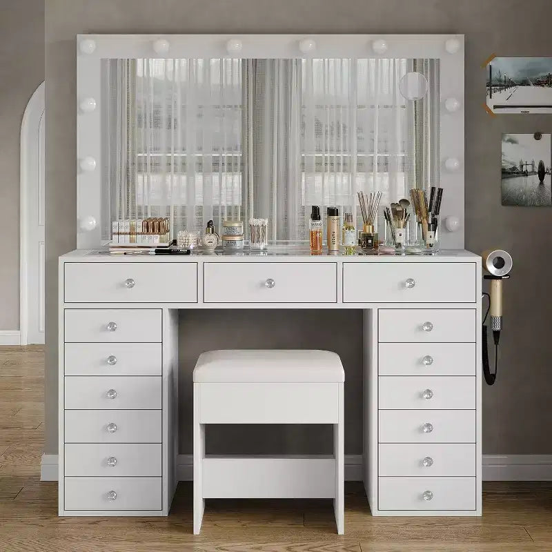 BALHAM TRADE-15 Drawers Vanity 3 Color Modes Adjustable Brightness Glass Top Vanity Desk with Stool