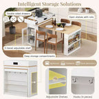 Whisen Extendable Dining Table, Mobile Rolling Island Table with 3 Removable Middle Leaves, Storage Cabinet