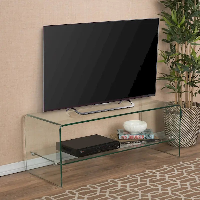 Clear 39.37 TV Stand with Open Back Design and Glass Shelf for TVs Up to 39