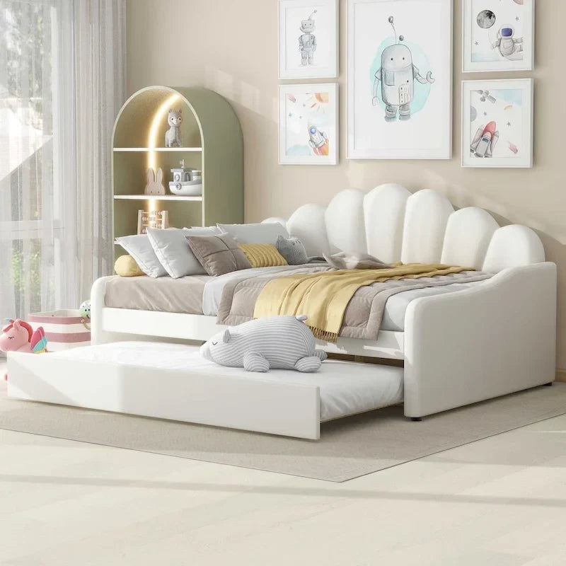 Full Size Upholstered Daybed with Shell Backrest and Trundle