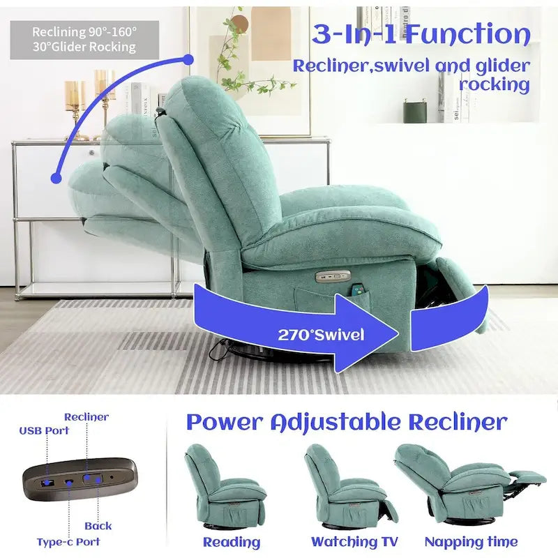 XINMICS Swivel Power Recliner Chair, Massage Rocker Recliners with Heated ,USB, USB-C and Side Pocket