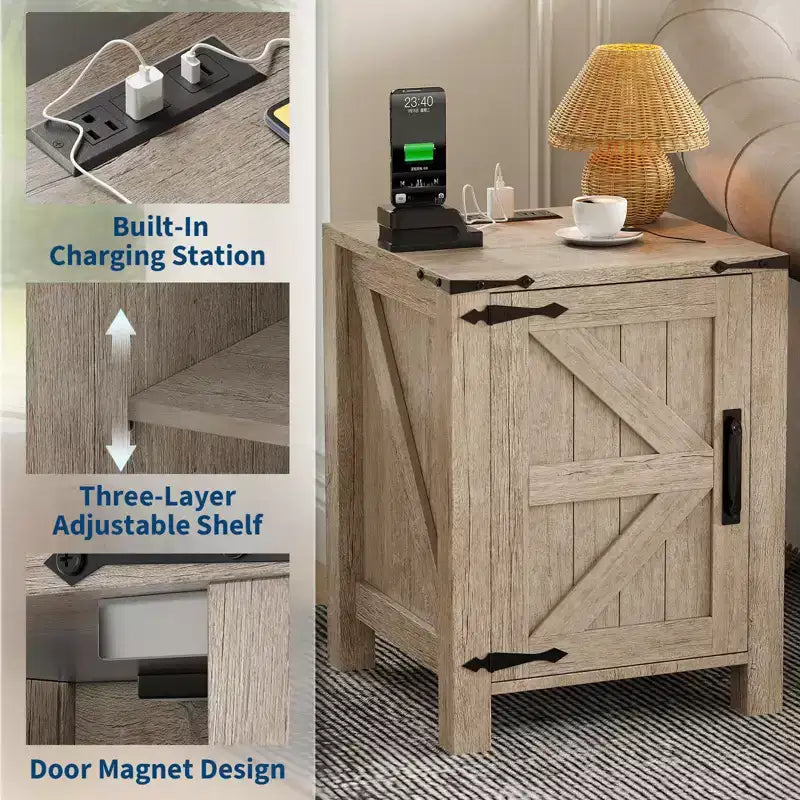 2Pcs Farmhouse Nightstand with Charging Station, Rustic Barn Door Bedside Table with Adjustable Shelf, Small End Table for Bedroom and Living Room