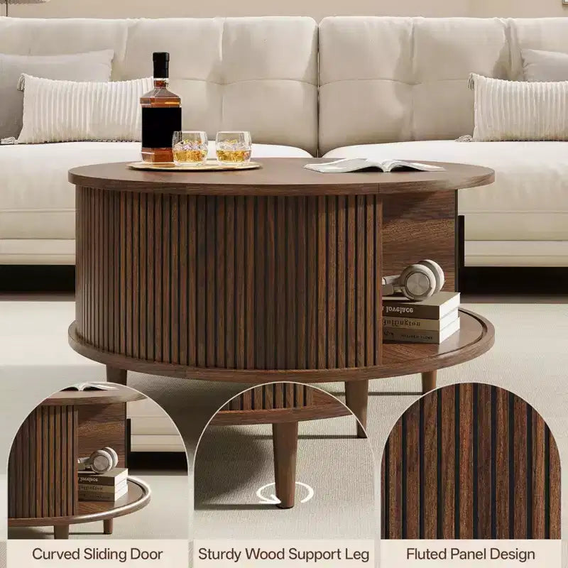 NAYSAYE Round Coffee Table with Storage, 31.5 Fluted Center Table for Living Room, Modern Walnut Wood Circle End Table for Small Space