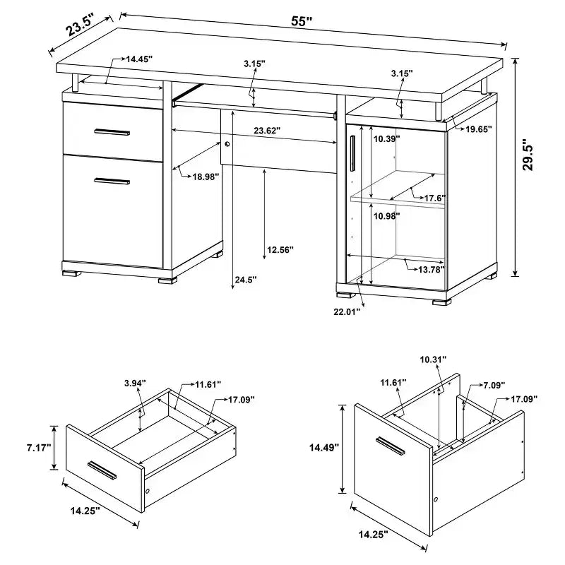 55 Wooden Writing Desk with 2 Drawers, 1 Cabinet, 1 Open Shelf and Door for Home Office or Study