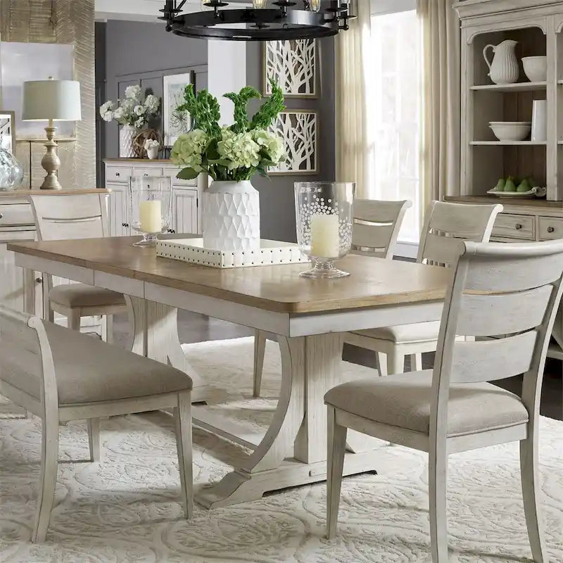 Farmhouse Reimagined Antique White with Chestnut 6 Piece Trestle Table Set