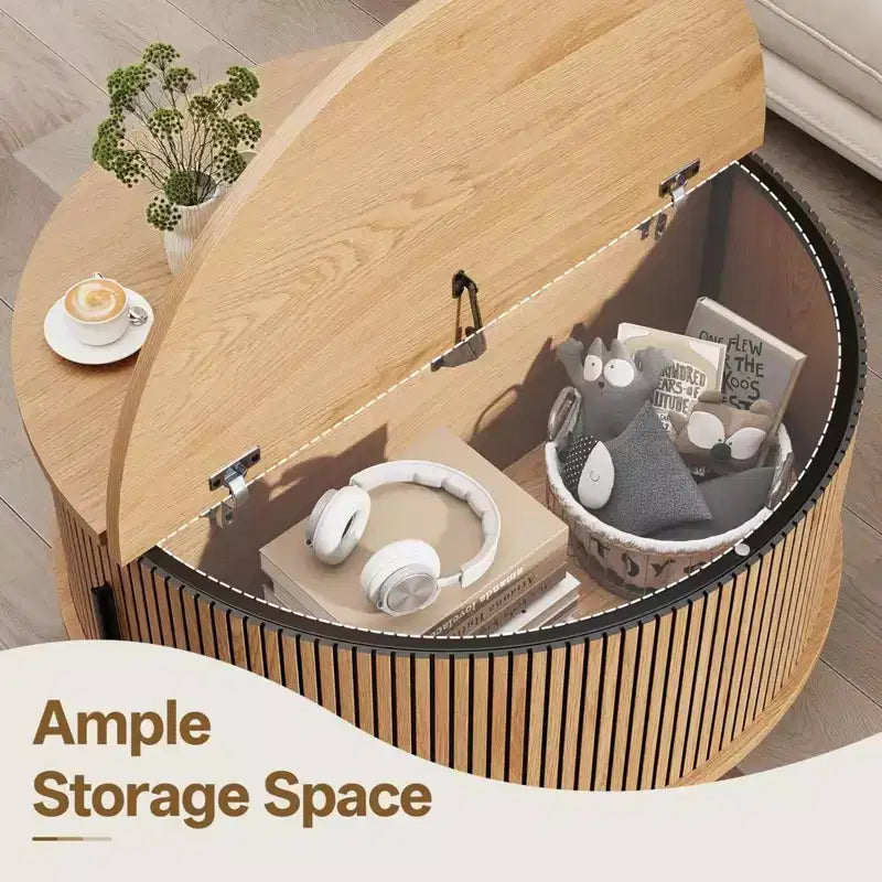 NAYSAYE Round Coffee Table with Storage, 31.5 Fluted Center Table for Living Room, Modern Walnut Wood Circle End Table for Small Space