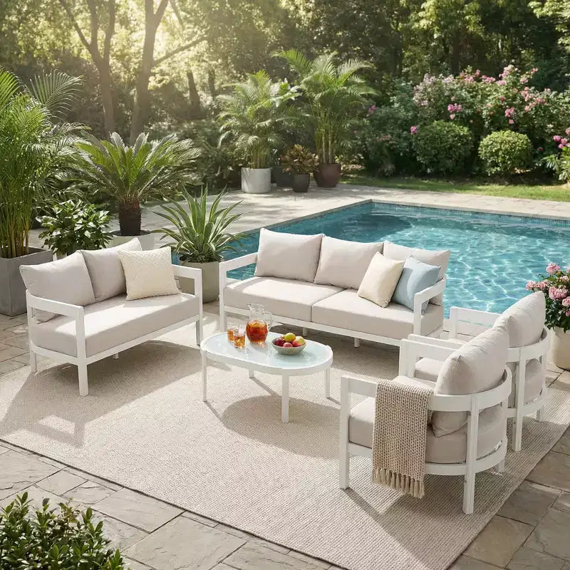 Christopher Knight Home Althea 5 Piece Modern Outdoor Curved Aluminum Conversation Set with Glass Coffee Table