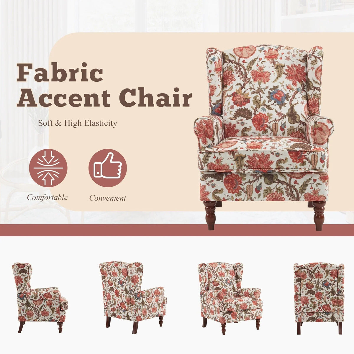 Erommy Modern Accent Chair, High Back Armchair, Upholstered Fabric Button Single Sofa with Wooden Legs for Living Room