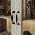 Famapy Bookcase Gray Oak Glass Display Cabinet wLED Light Strip, Tall Bookshelf with Doors Curio Storage Cabinet