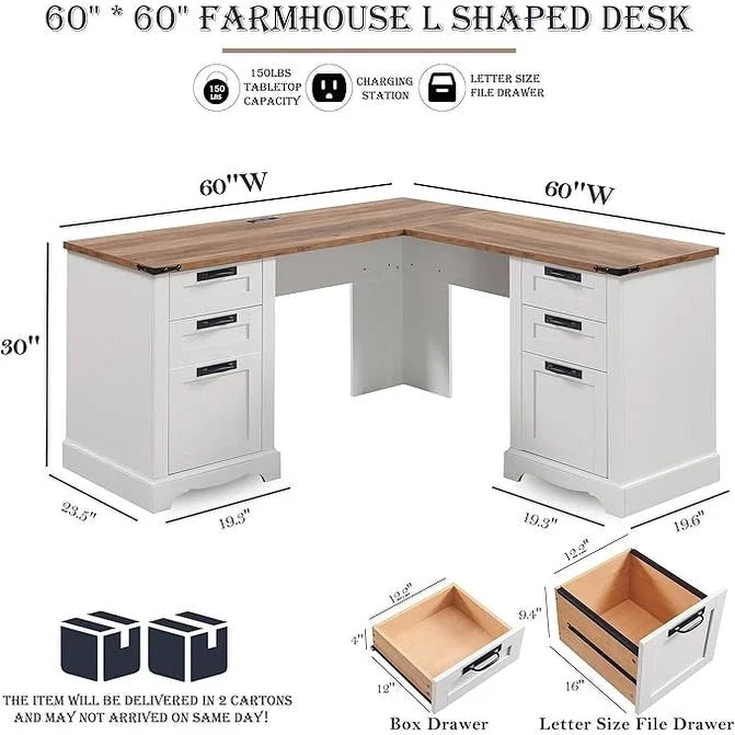 60 Farmhouse L Shaped Executive Desk, Wood Corner Desk, Computer Desk