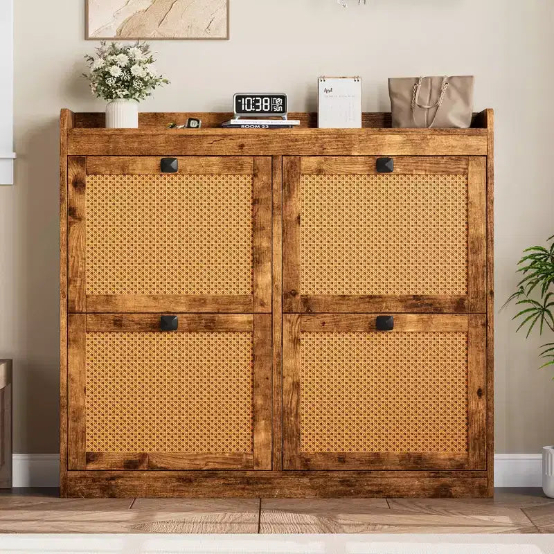 Shoe Storage Cabinet with 4 Flip Drawers, Wood Shoe Cabinet with Rattan Doors and Adjustable Shelves- Freestanding Shoe Organizer