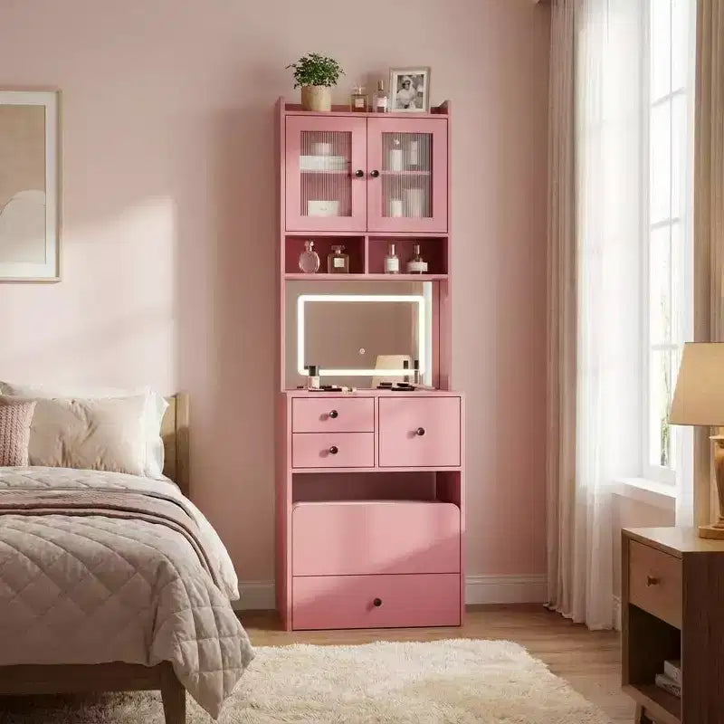 3-in-1 Makeup Vanity Desk with Lighted Mirror, Compact Vanity Table with Drawers, Storage Compartment & Rolling Stool for Bedroom