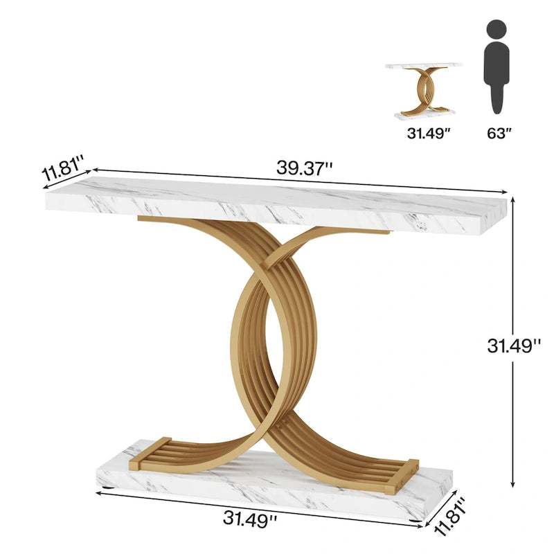 Black/ Gold Modern Sofa Table with Faux Marble Tabletop, 39 Inches Wood Foyer Table with Geometric Metal Legs for Entryway