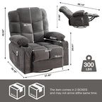 Grey Oversized Recliner with Heat and Massage, 150 Recline, 30 Rocking, USB Charging, and 2 Cup Holders