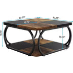 40-Inch Square Coffee Table with 2 Tiers, Low Farmhouse Table with Storage Shelf for Living Room, Black Rustic Brown