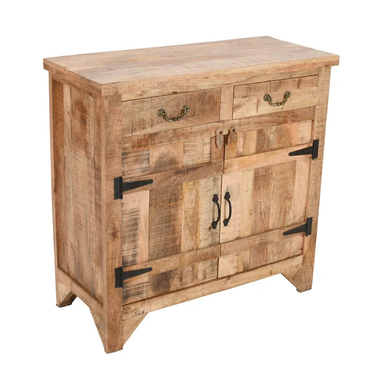 39 Inch Artisanal Farmhouse Style 2 Drawer Mango Wood Cabinet Console with 2 Door Storage Rustic Brown
