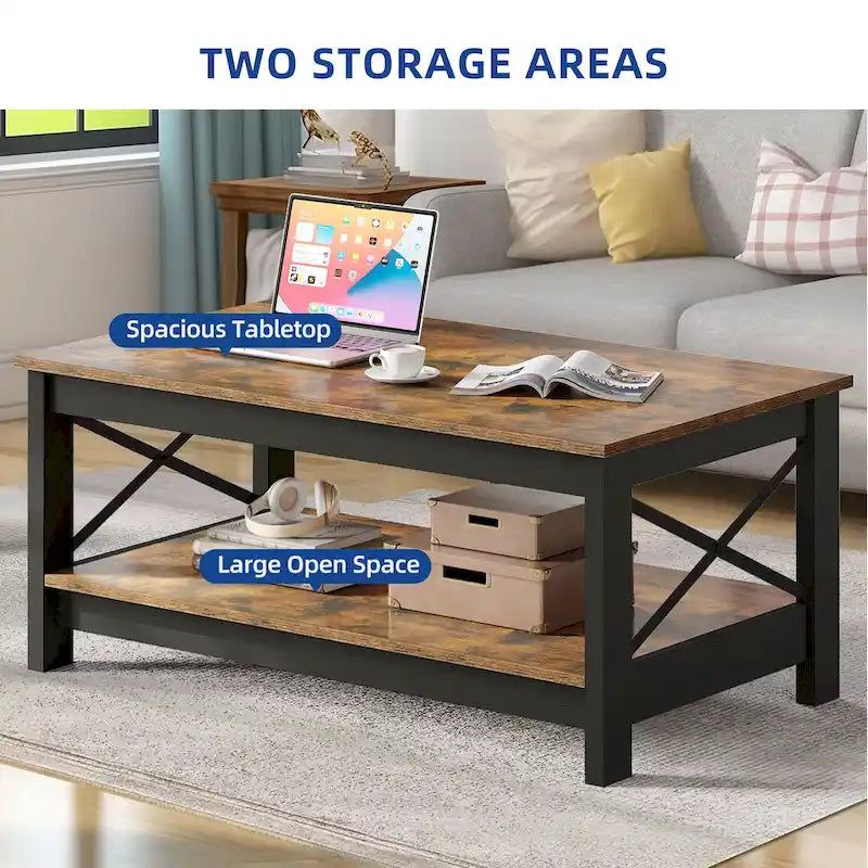 Farmhouse Coffee Table with Storage 2-Tier Center Table for Living Room