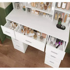 BALHAM TRADE-Vanity Desk with Mirror and Lights 9 Drawers 6 Shelves 3 Lighting Modes Adjustable Brightness