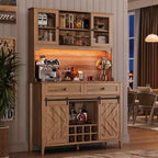 72 Farmhouse Bar Cabinet with Sliding Barn Door  Large Kitchen Buffet with Hutch, Charging Station, 2 Drawers & 8 Storage Shelves  Coffee