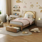 Cute Kids Bed Frame - Adjustable adorable bear design, suede upholstery, storage drawers, solid wood slats, quiet design, easy to assemble.