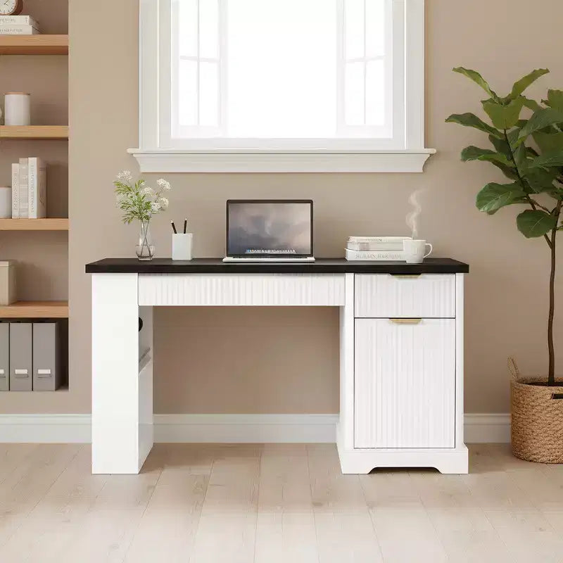 GDFStudio Haoran 55 Modern Fluted Office Desk with Power Outlet, Keyboard Tray, Door and Drawers