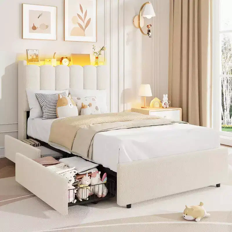 Bed frame with storage headboard, childrens bed frame with 2 drawers, fabric upholstered platform bed, contoured headboard with bookshelf