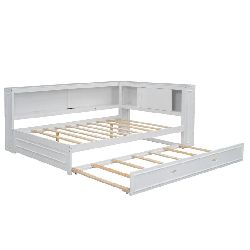 Full Daybed with Shelves, USB Charging, LED Lights & Twin Trundle