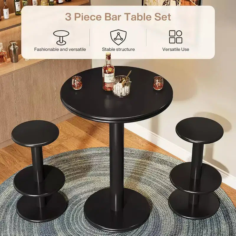 Lantine 39.4-Inch H Round Bar Table Set, Modern Black Bistro Pub Table with 2 Barstools for Kitchen, Living Room, Apartment