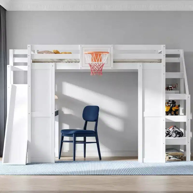 Luxystar Full Wooden Loft bed with Desk, Slide, Basketball hoop and Storage Staircase for Kids and Teens