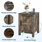 2Pcs Farmhouse Nightstand with Charging Station, Rustic Barn Door Bedside Table with Adjustable Shelf, Small End Table for Bedroom and Living Room