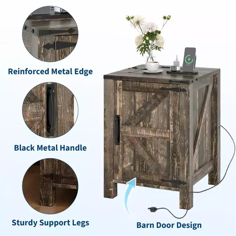 2Pcs Farmhouse Nightstand with Charging Station, Rustic Barn Door Bedside Table with Adjustable Shelf, Small End Table for Bedroom and Living Room