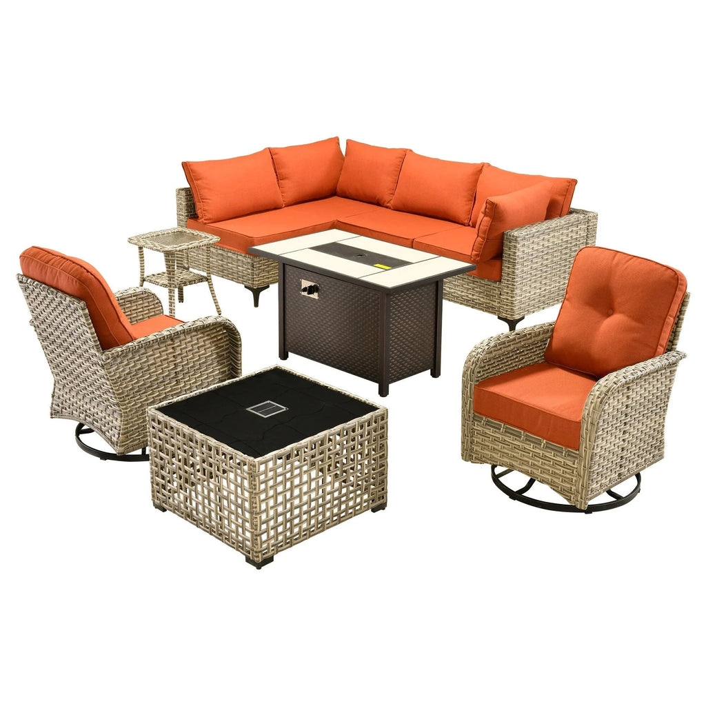 OVIOS 9 Pieces Outdoor Wicker Swivel Chair Set With Fire Table