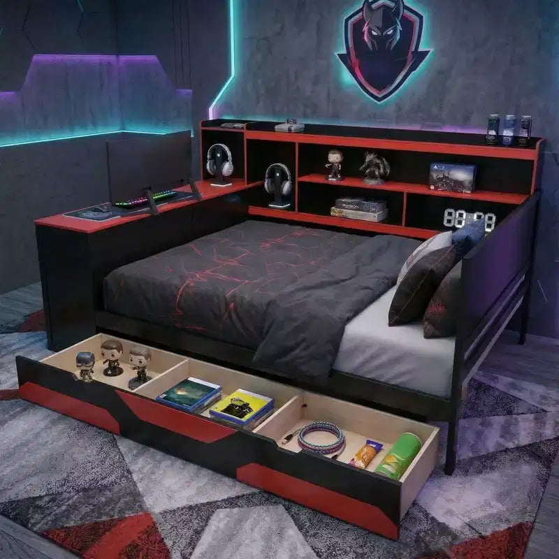 Gamer Hub Daybed with Desk, RGB Lights, Charging Station, Storage Drawers & Bookcase Headboard