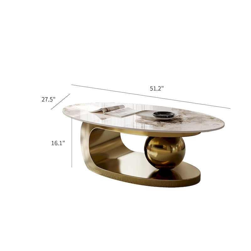 51 Modern Pandora Oval Coffee Table with Glossy Sintered stone top, Luxury Coffee Table, Stainless Steel Legs for Livingroom