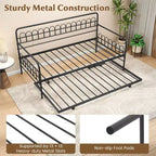 Costway Twin Daybed with Trundle Curved Backrest & Armrests Heavy-duty Metal Slats Black/Gold