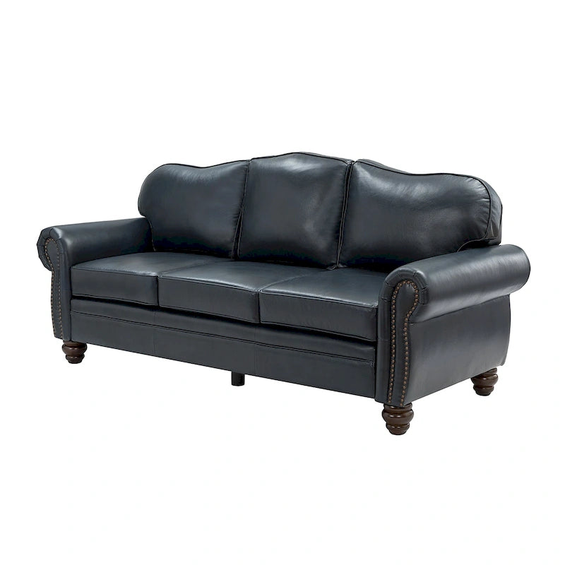 Balvino 81 Wide Transitional Genuine Leather Rolled Arm Sofa with Nailhead Trim and Removable Cushions