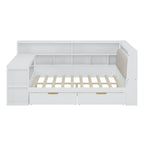 L-shaped Wooden Sofa Daybed with Desk, Bookcase Cabinet, Corner Bed with Under-bed Drawers, Upholstered Headboard Built-in Light
