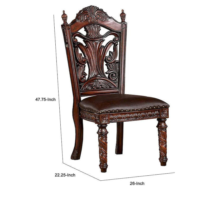 Iga 22 Inch Carved Dining Chair, Set of 2, Faux Leather Seat, Nailhead Trim