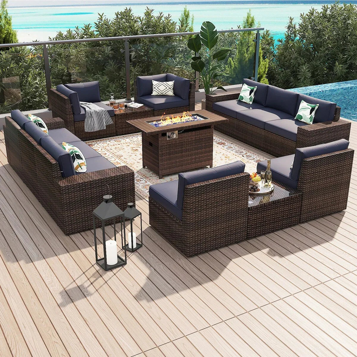 13 Pieces Patio Furniture Set with 44Fire Pit Table