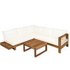 L-shape Sectional Sofa Set Patio Couch Set with Table, Wooden Lounge Chaise Sofa Outdoor 4-piece Conversation Sets