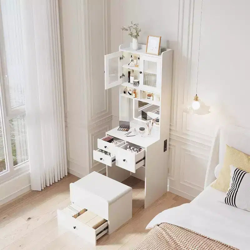 3-in-1 Makeup Vanity Desk with Lighted Mirror, Compact Vanity Table with Drawers, Storage Compartment & Rolling Stool for Bedroom