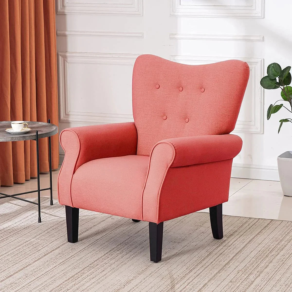 Erommy Modern Accent Chair, High Back Armchair, Upholstered Fabric Button Single Sofa with Wooden Legs for Living Room