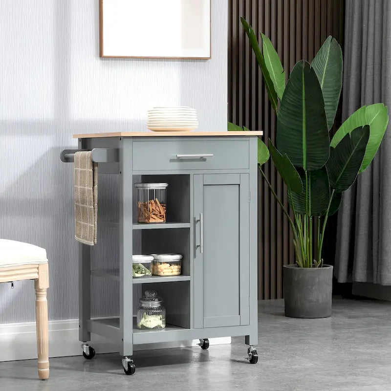HOMCOM Compact Kitchen Island Cart on Wheels, Rolling Utility Trolley Cart with Storage Shelf & Drawer for Dining Room